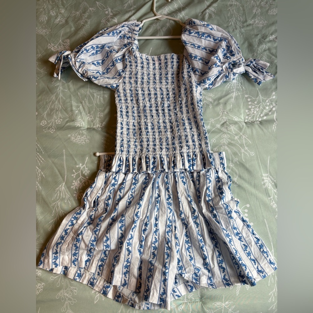 Girls Blue & White Smocked Ruffle Shirt and Short Set